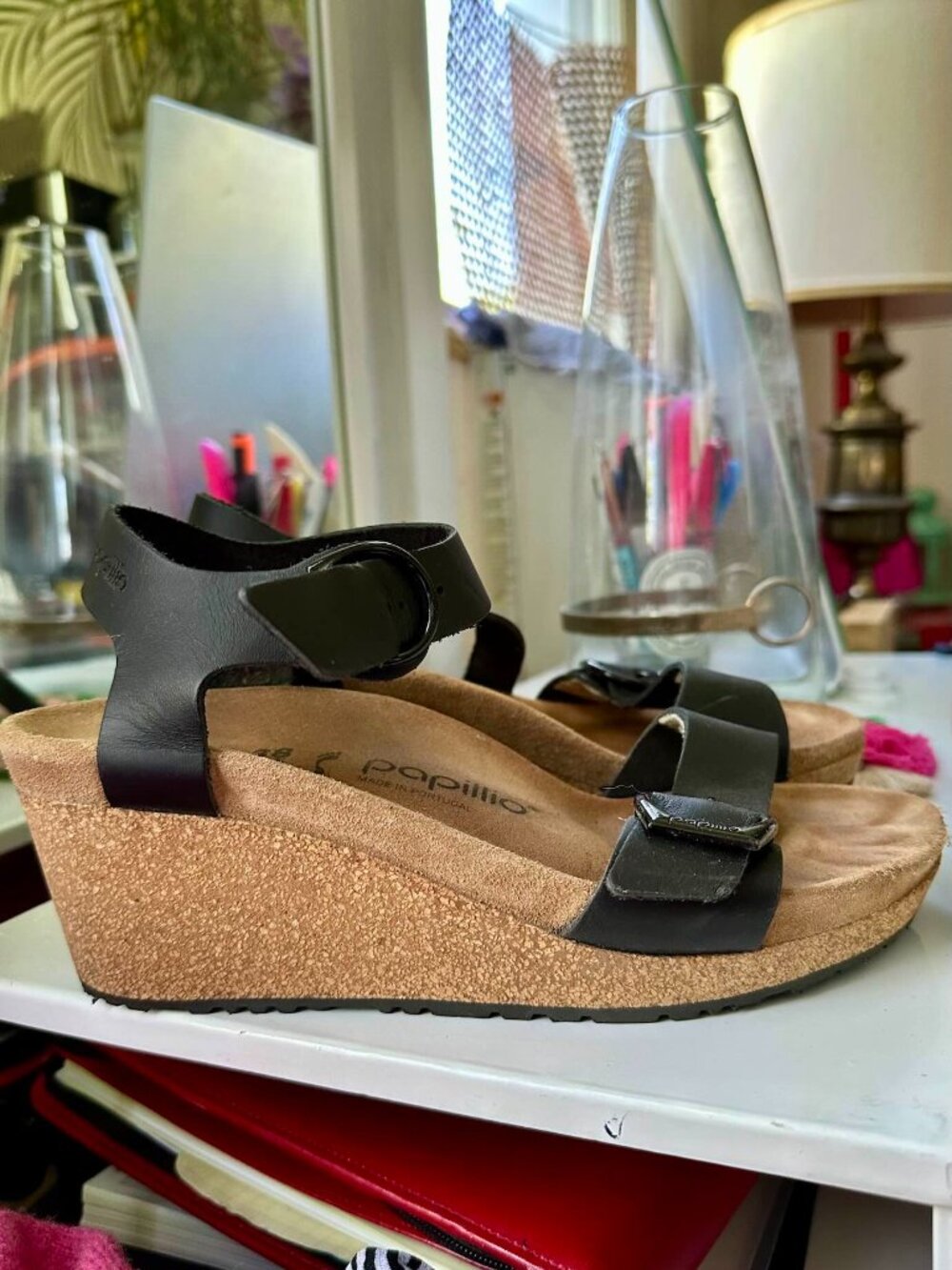 Papillo Birkenstock wedge heel cork sandals black leather buckles